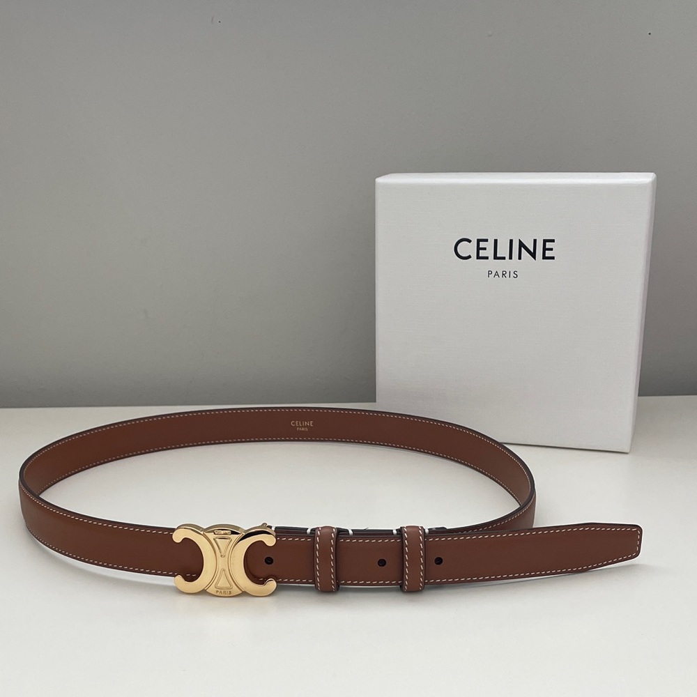 Celine Triomphe Tan Leather Belt with Gold Accent